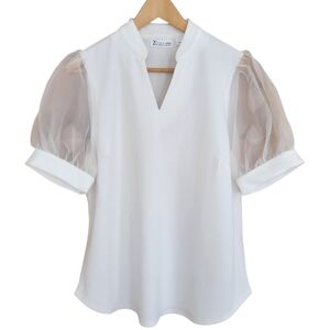 New York & Company 7th Avenue Top Womens Size L White Organza Puff Sleeve V-Neck